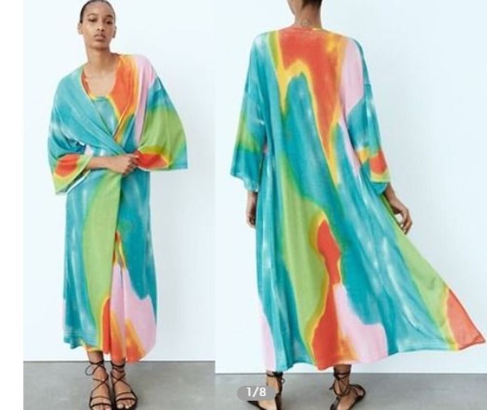 Zara Colorful Teal Kimono Duster Swim Cover-Up Long Open Cardigan Size Medium